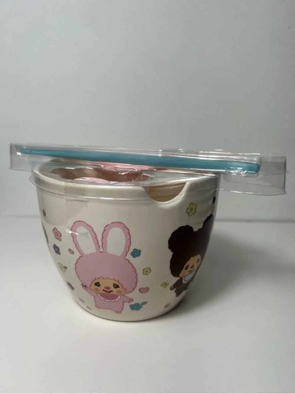 Monchhichi Ceramic Ramen Noodle Bowl 4PC Set W/ Chopsticks Soup Spoon & Holder